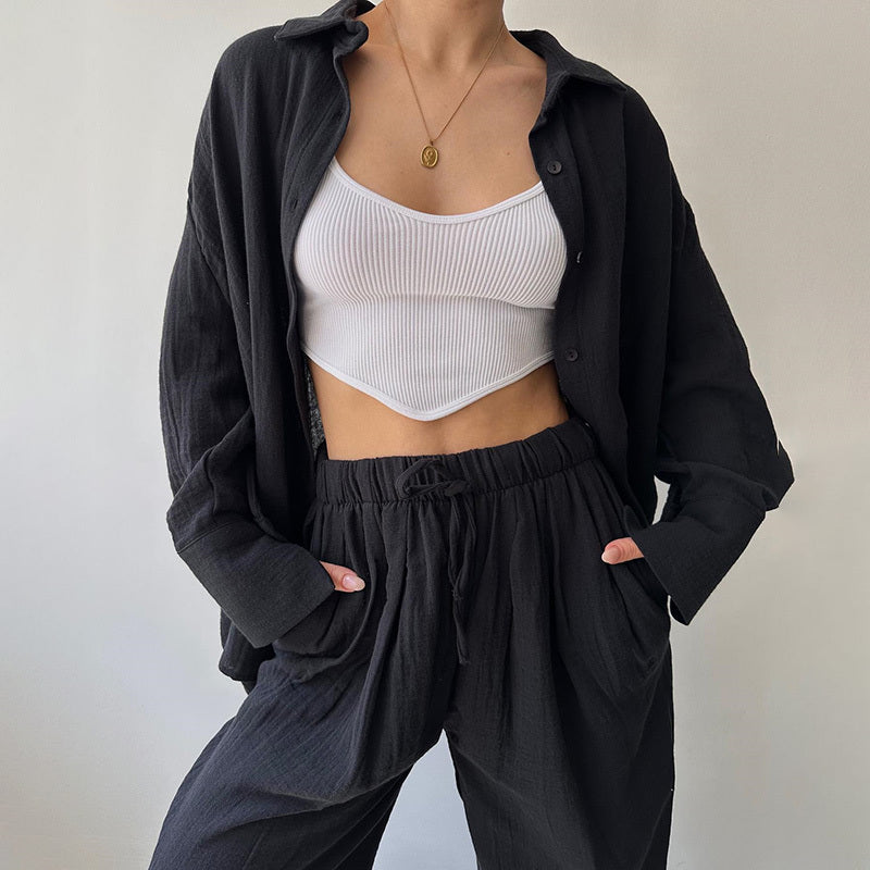 Women's Solid Color Lapel Collar Long Sleeve Shirt & High-Waist Pants Set - Casual Loose Fit