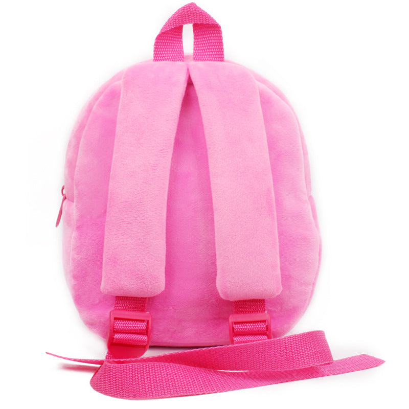 Pink plush small backpack with padded shoulder straps and front zipper pocket