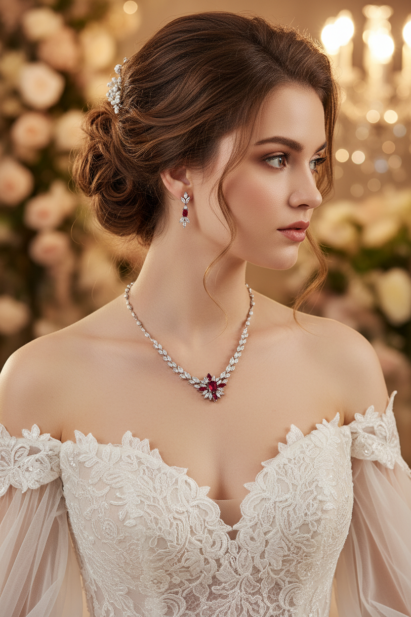 White lace wedding dress with off-shoulder sleeves, floral necklace and matching drop earrings