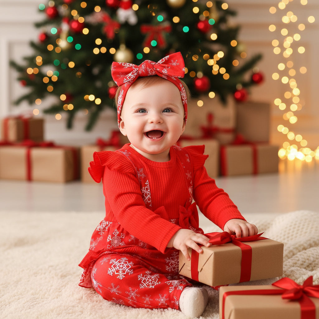 Christmas Crawling Suit Baby Girl Sunken Stripe Long Sleeve Fake Suspenders Romper