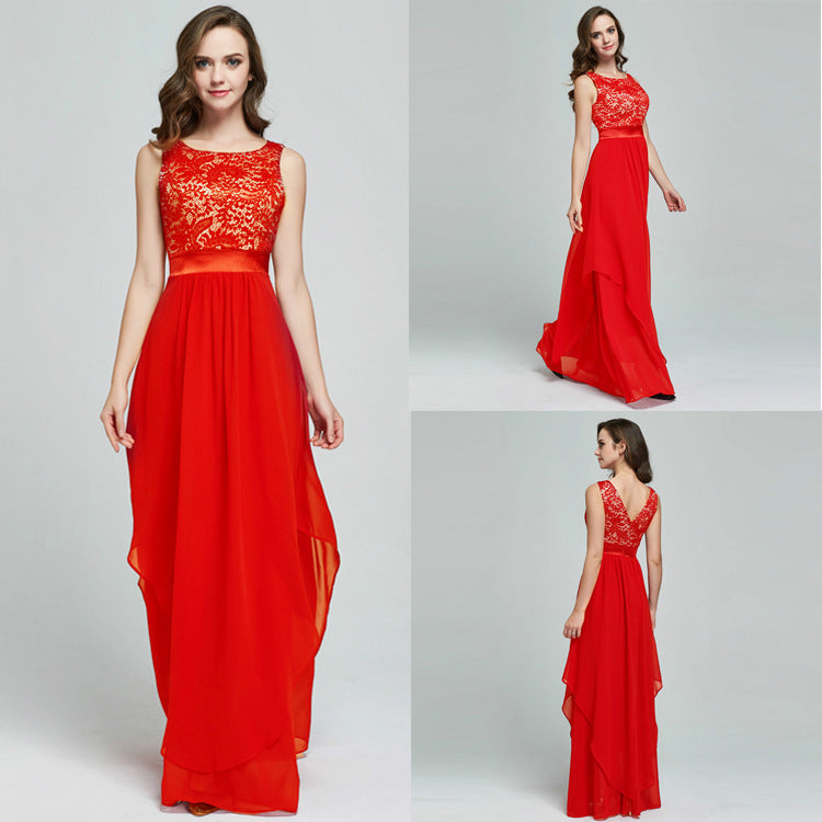 Sleeveless lace-spliced chiffon dress in red, front and back views