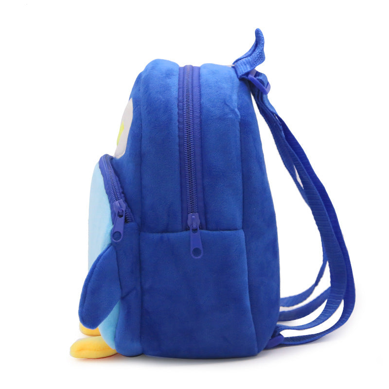 Blue plush penguin kids backpack with front zipper pocket and side lanyard loop