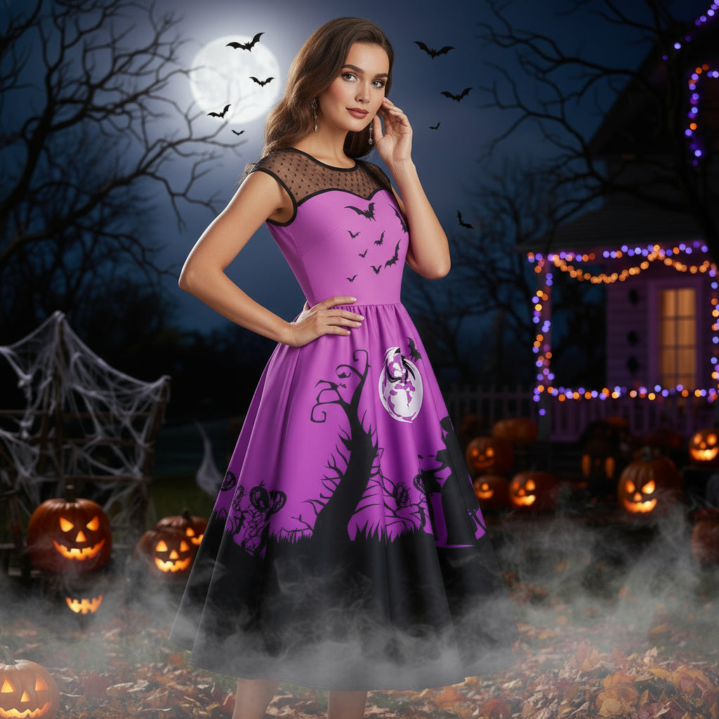 Women’s halloween print big dress, purple skirt, black mesh yoke, spiderweb and bats