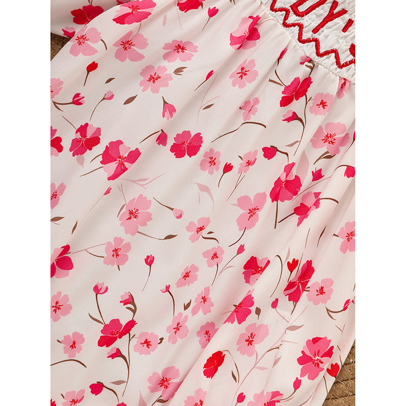 Infant Floral Smocked Romper 'DADDY'S Girl' Embroidery Short Sleeve Crew Neck Adorable Princess Party Bodysuit