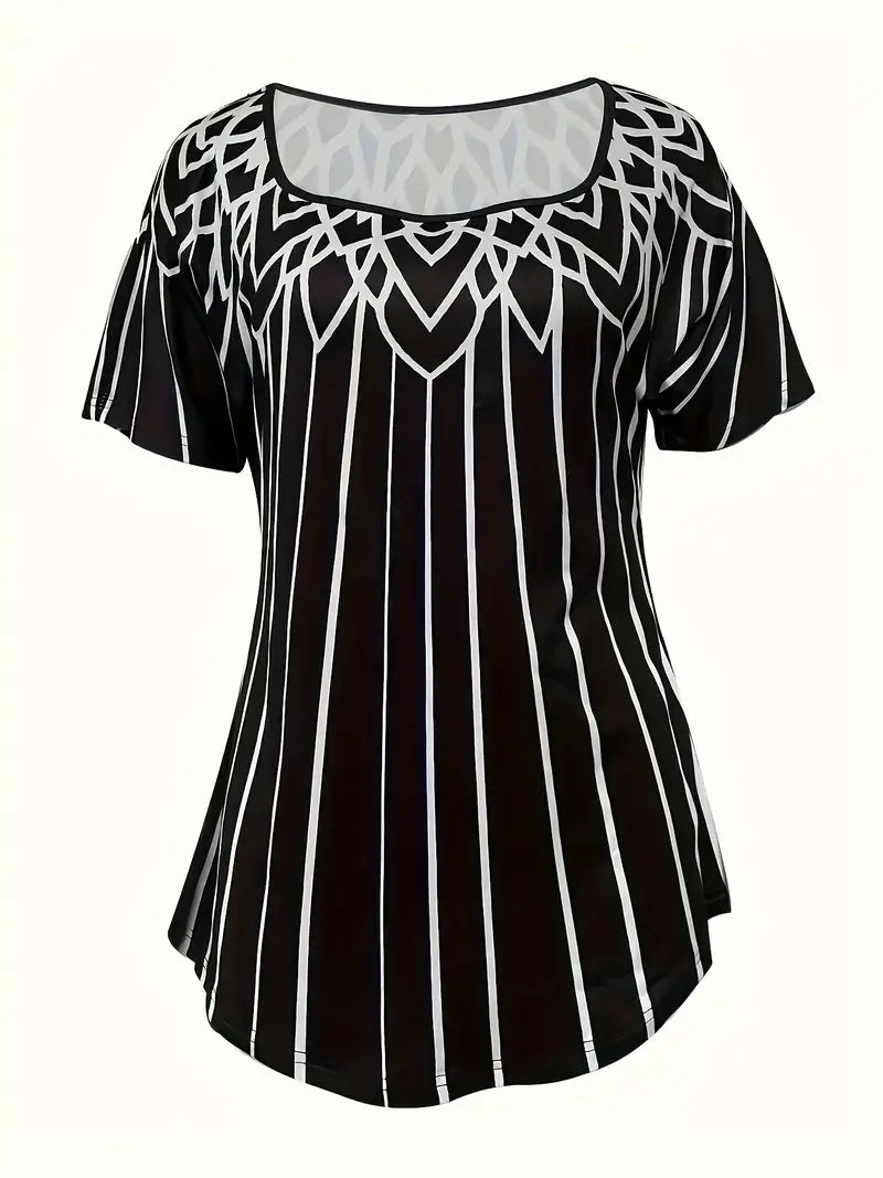 Summer New Printed Striped Short-sleeve Square Neckline Casual T-shirt
