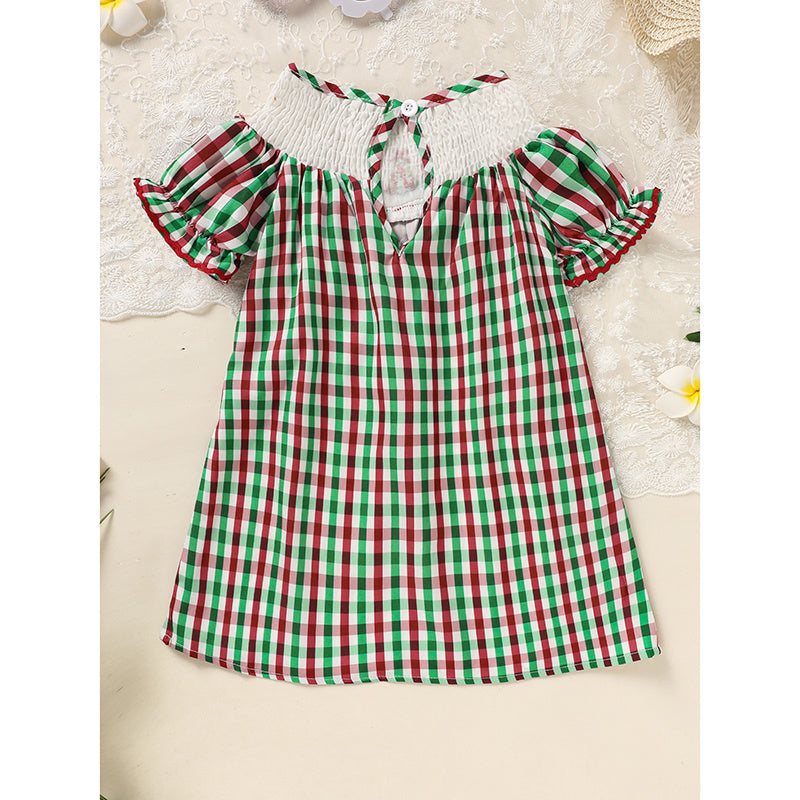 Toddler Infant Baby Girls Short Sleeve Christmas Tree Embroidered Plaid Casual Party Dresses