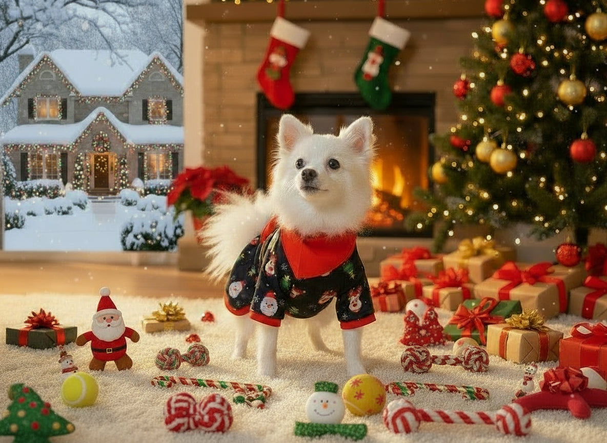 Pet Christmas pajama outfit in dark fabric with red collar and festive holiday prints.