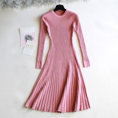 Round Neck Knitted Long Sleeve A- Line Dress