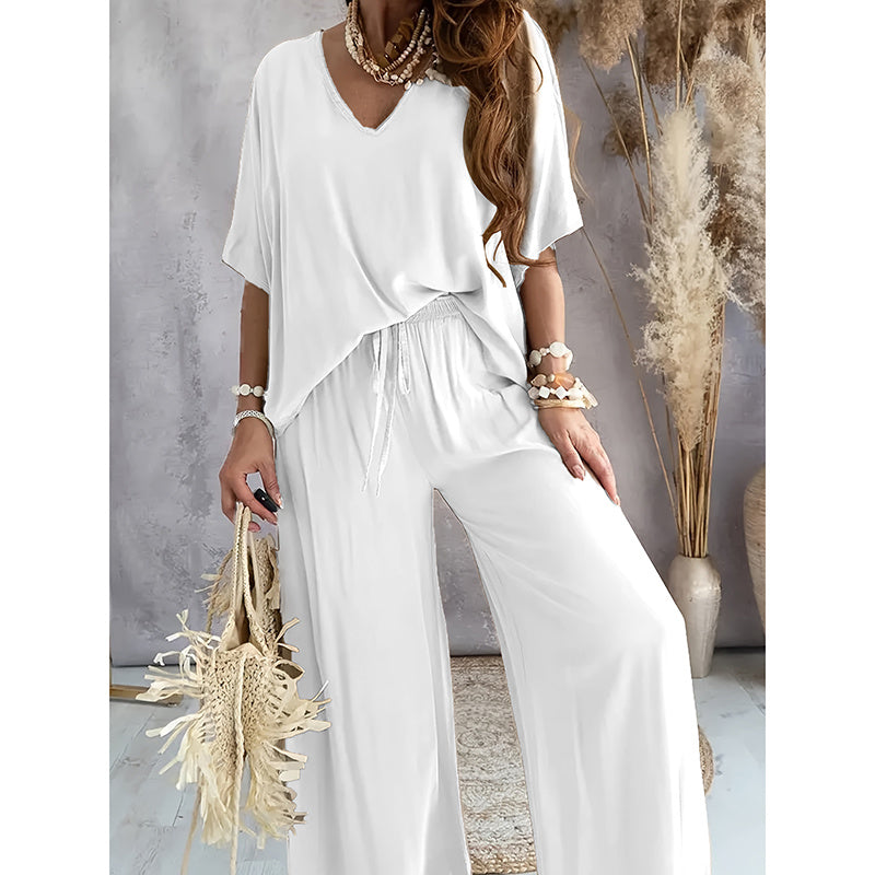 White 2-piece lounge set with V-neck short-sleeve top and wide-leg pants
