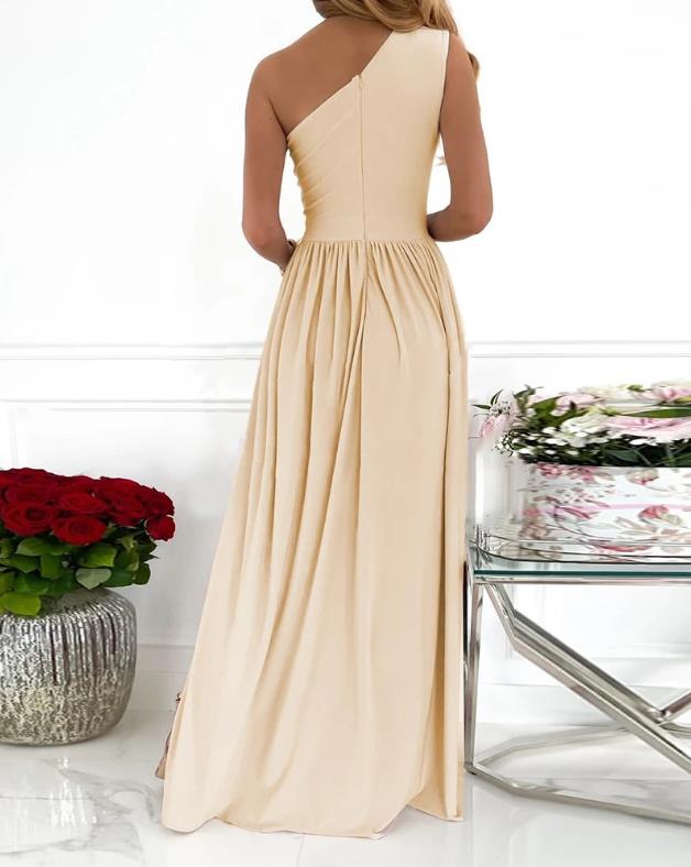 Apricot one-shoulder sleeveless maxi dress with cutout bodice and high split
