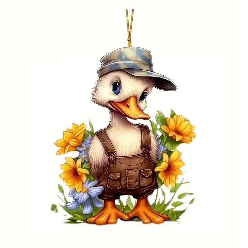 Christmas tree hanging decoration, duck with brown overalls and striped top hat with sunflowers