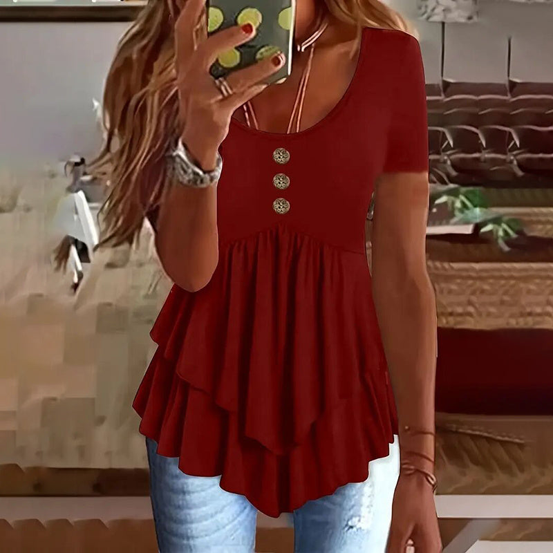 Wine red women’s tunic top with crew neck, short sleeves, button front, tiered ruffle hem