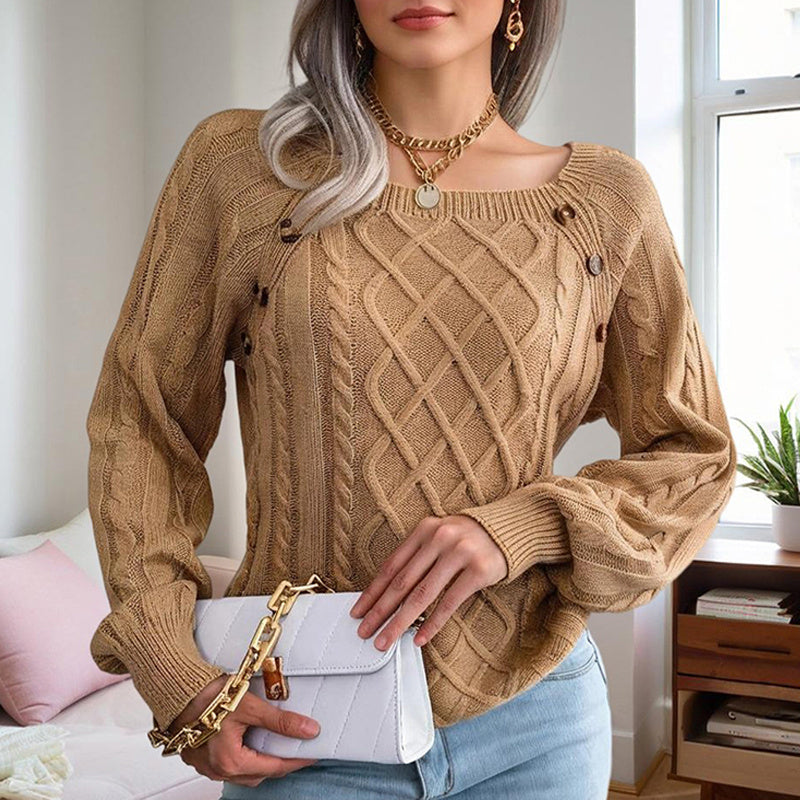 Women's Solid Color Casual Square Neck Button-Detail Knit Top - Textured Ribbed Pattern