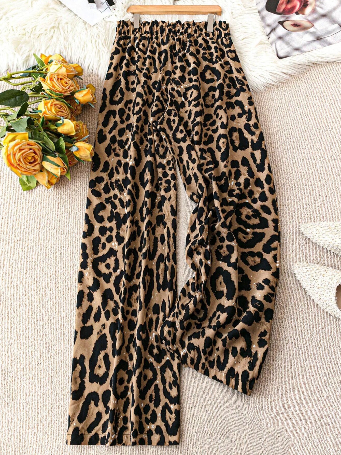 Women's Leopard Print Wide-Leg Pants - Summer Casual Vacation Style Elastic Waist Long Trousers