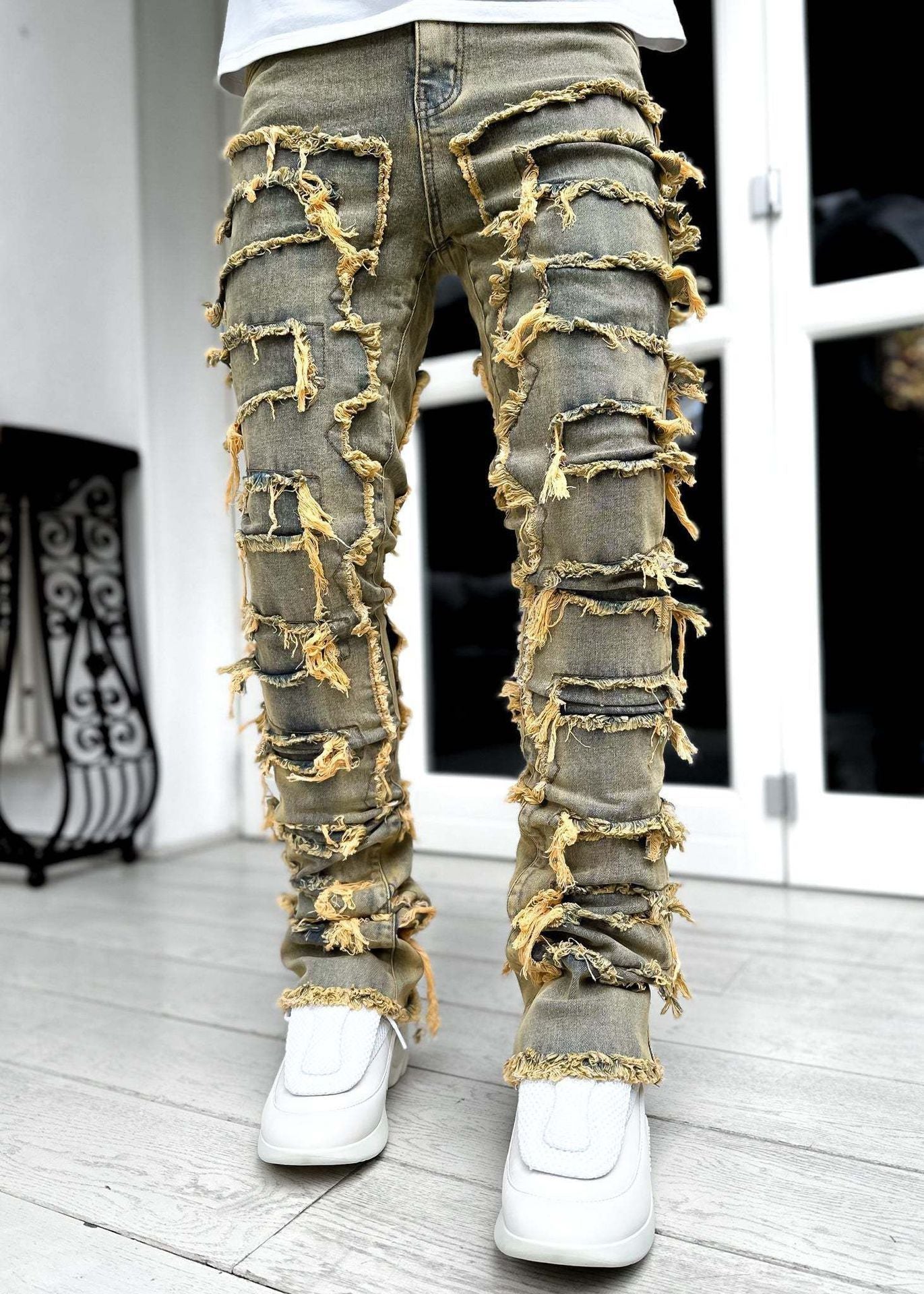 Trousers Individual Patched Pants Long Tight Fit Stacked Jeans For Men
