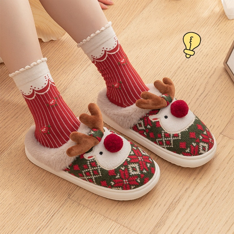 Christmas Elk Plush Slippers Winter Ins Fashion Non-slip Floor Fuzzy
