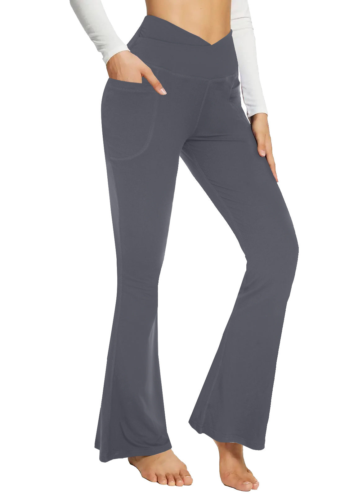 Flare Leggings For Women With Pockets - Crossover High Waisted Black Flared Leggings Yoga Gym Workout