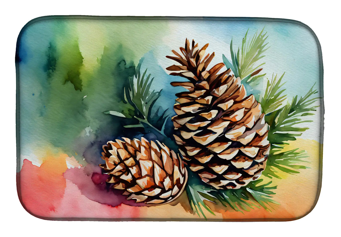 Maine White Pine Cone and Tassels in Watercolor Dish Drying Mat