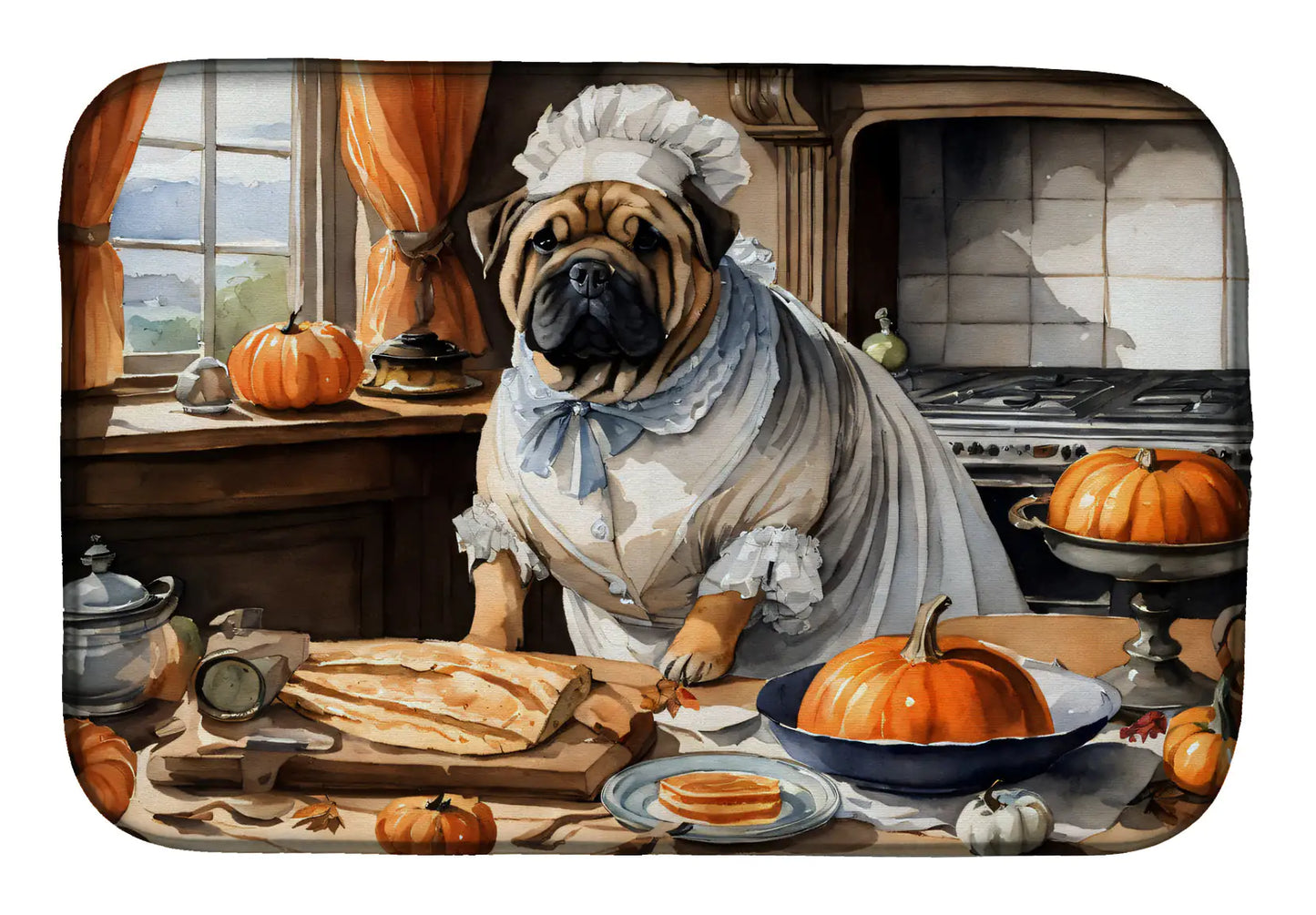 Shar Pei Fall Kitchen Pumpkins Dish Drying Mat