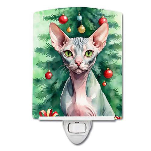Sphynx Cat By the Christmas Tree Ceramic Night Light