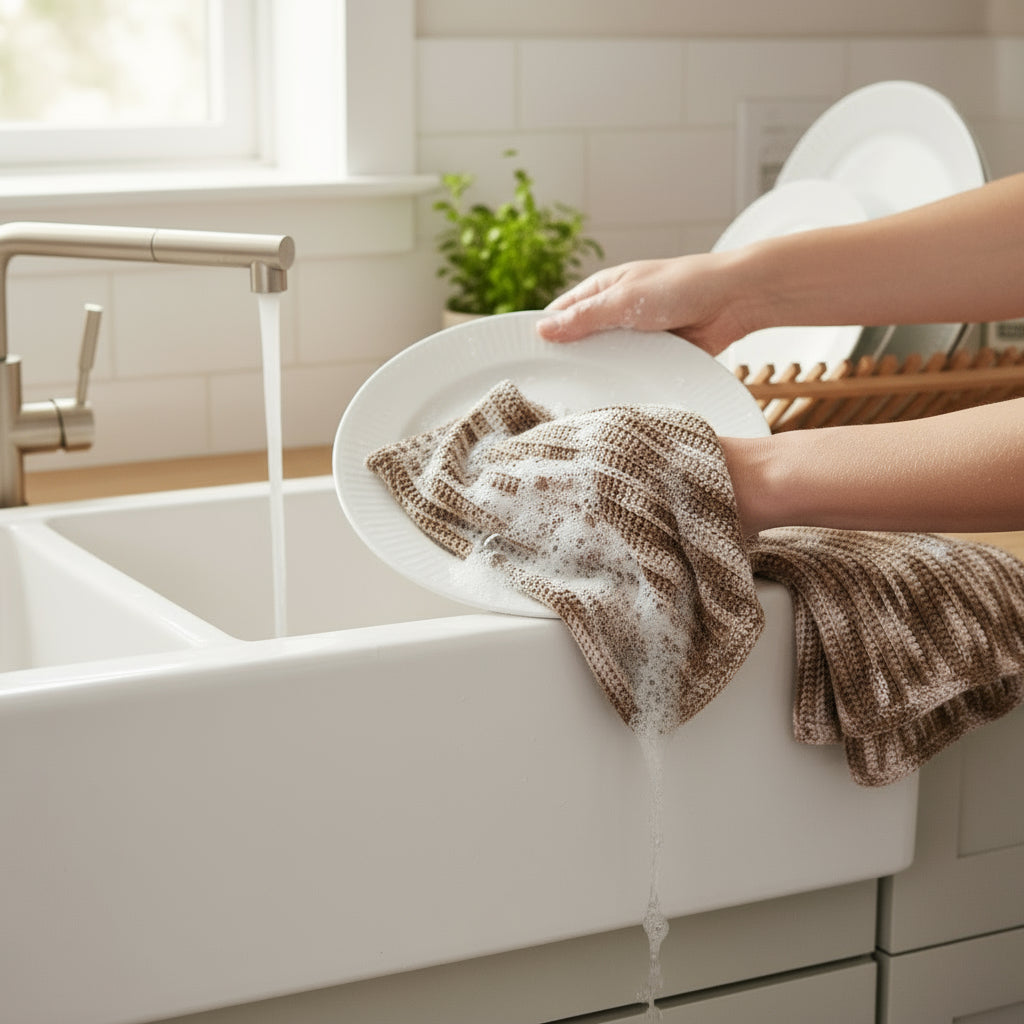 Cotton dish cloths in three-tone brown, ribbed weave, folded on counter