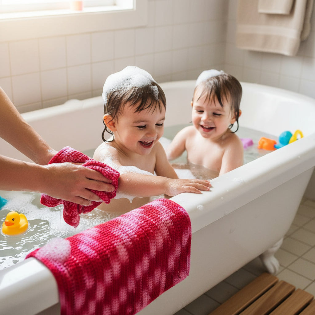 Handmade cotton dish cloth, three-tone red, striped cloth being used in bath