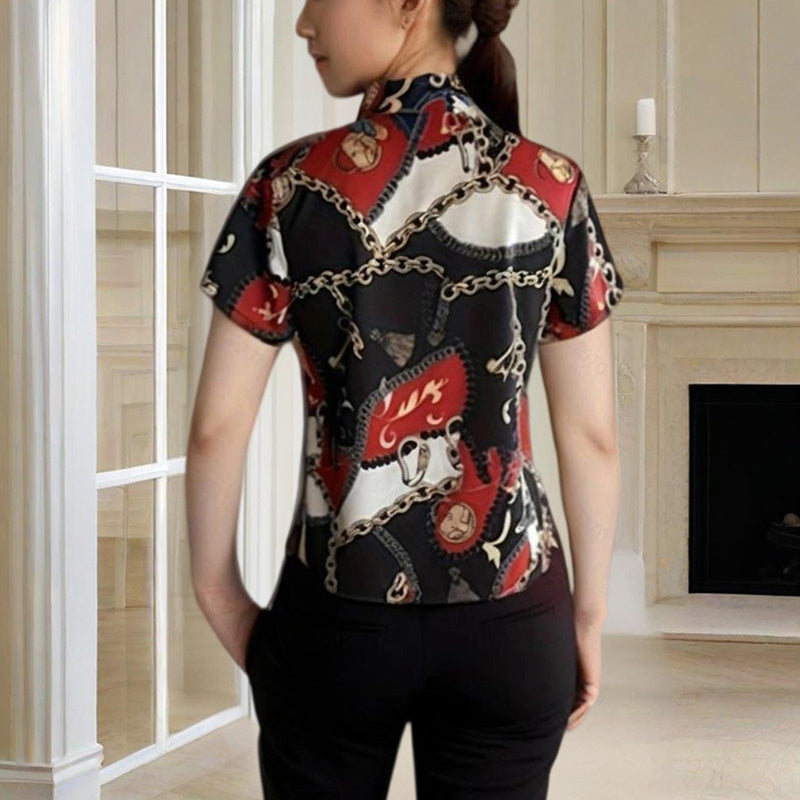Women’s short-sleeve button-up shirt with lapel collar, chain print top with curved hem
