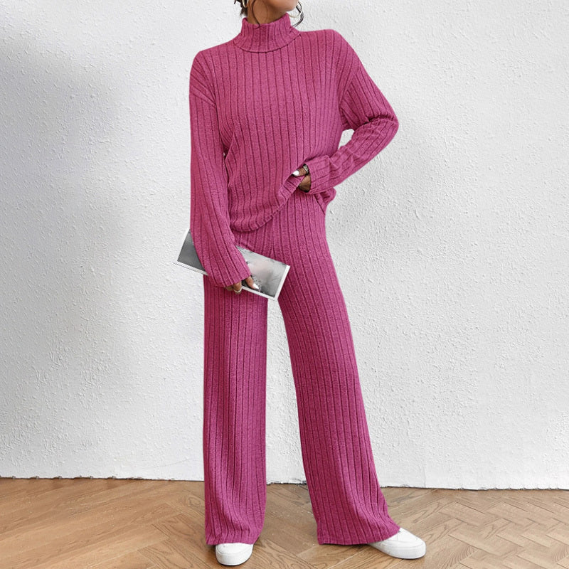 Women's Solid Color 2-Piece Set High Neck Long Sleeve Top & Pants, Striped Loungewear