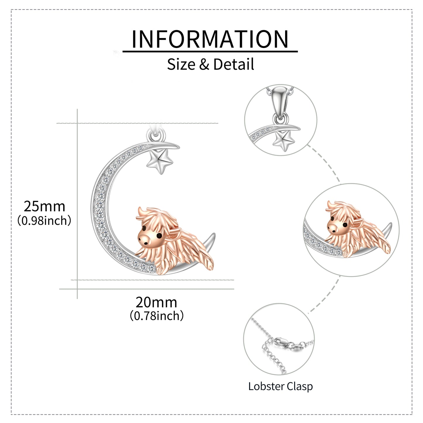 925 Sterling Silver Highland Cow Moon Necklace Gifts for Women