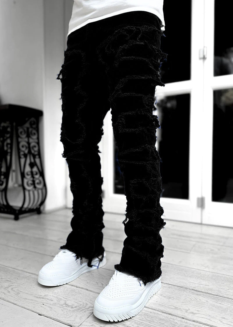 Trousers Individual Patched Pants Long Tight Fit Stacked Jeans For Men