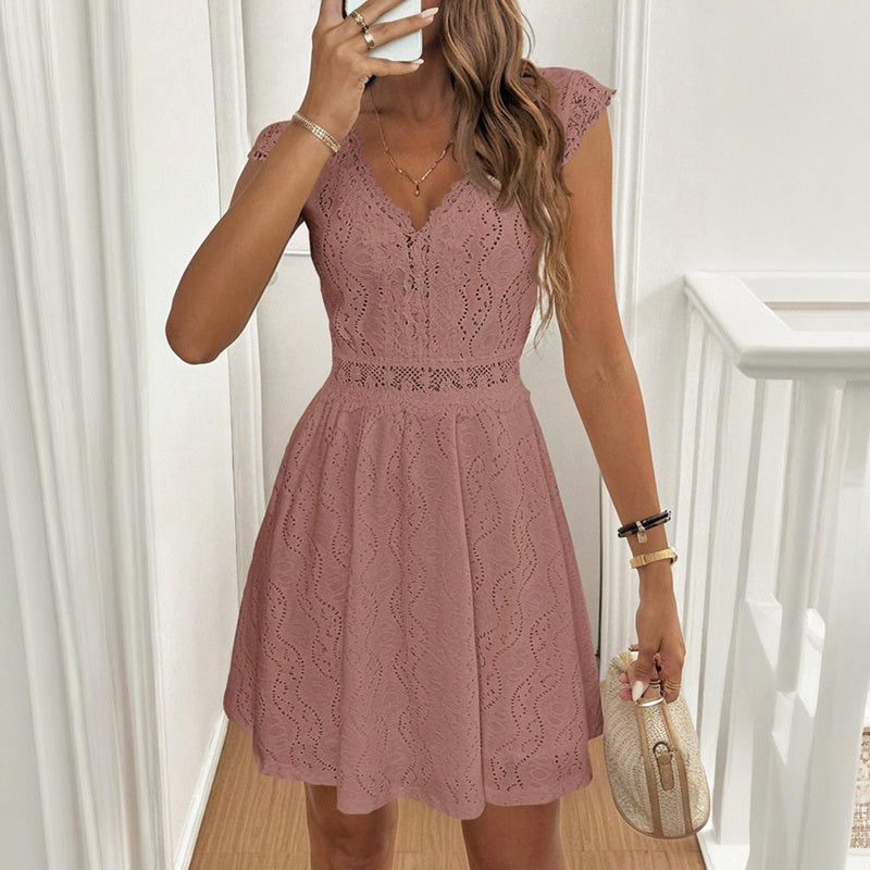 Women's V-Neck Solid Color Short Sleeve With Lace Trim - Summer Sexy Vacation Dress