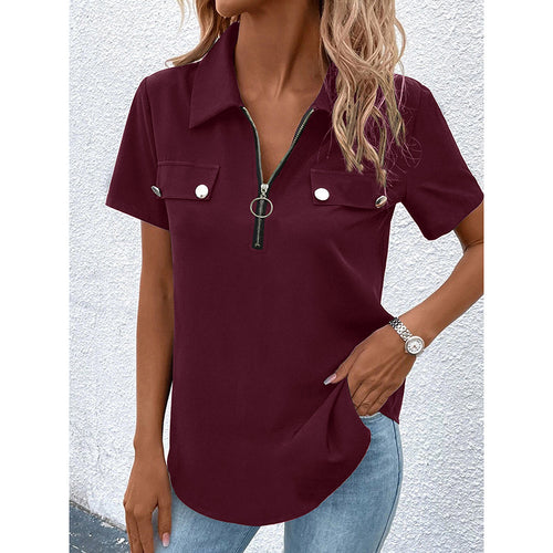 Women's Zipper Polo Shirts Short Sleeve Summer Collared Down T Shirts Top Casual Loose Fit Blouses