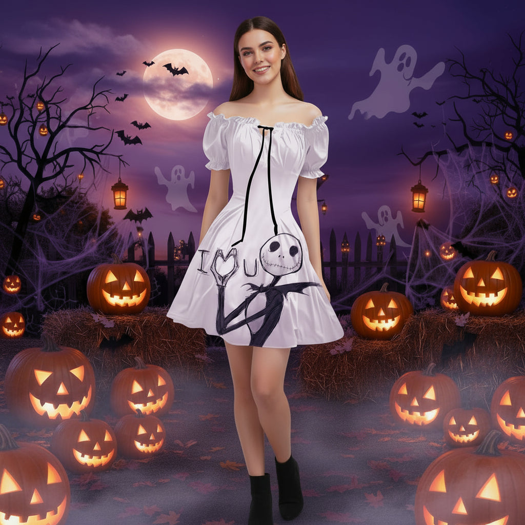 Halloween Print Drawstring Dress With Puffy Sleeves