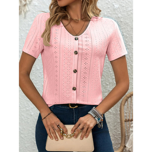 Women's V Neck Short Sleeve Eyelet Tops Summer Casual Loose Fit Button T Shirts