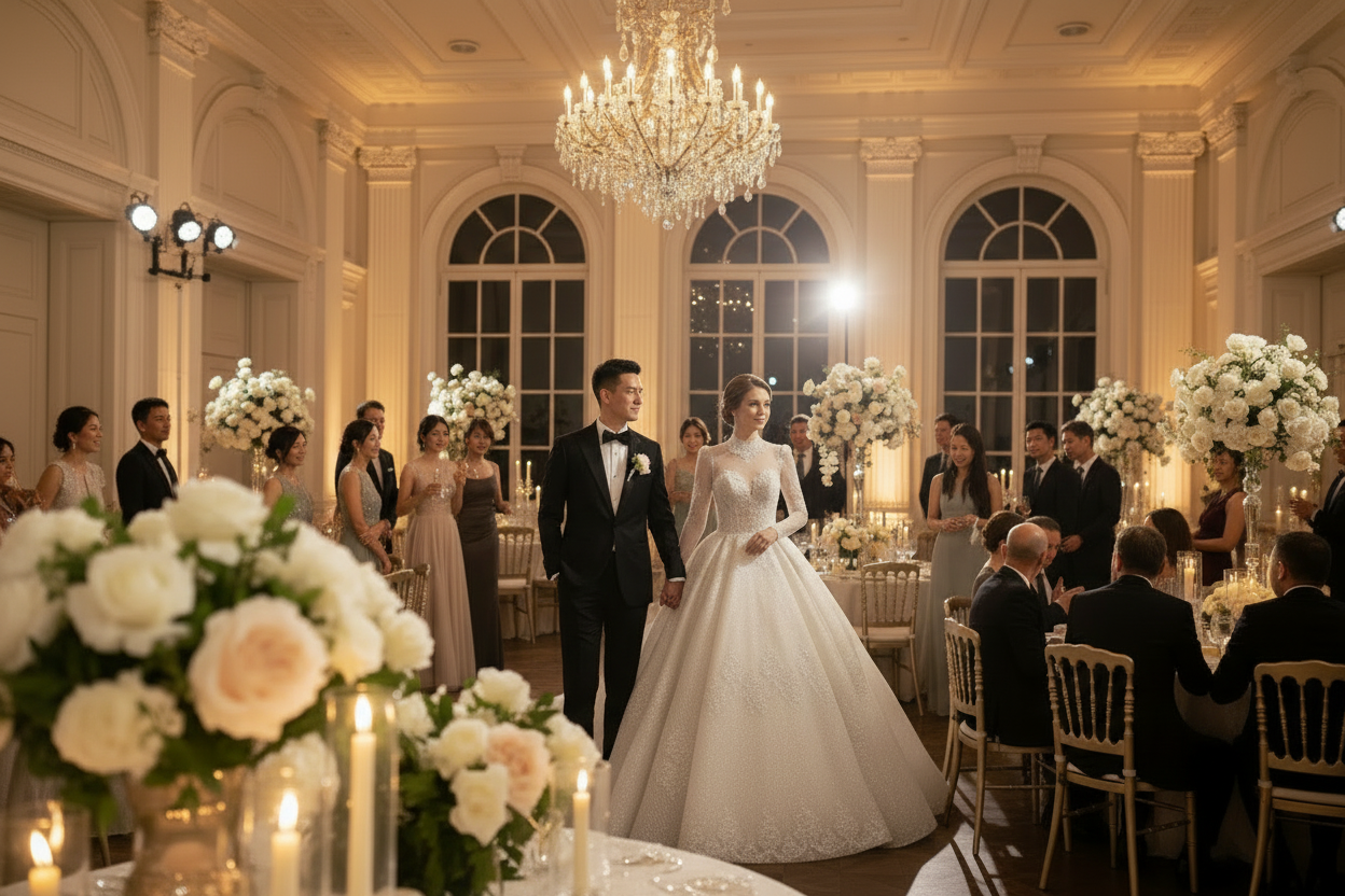 Ivory long-sleeve wedding gown with high lace neckline, fitted waist, and full tulle skirt
