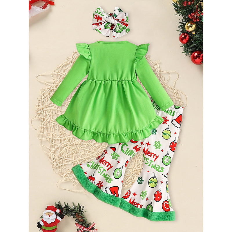 Toddler Baby Girls Christmas Clothes Ruffle Long Sleeve Heart Print Tops Dress Ball Print Flared Pants With Headband Outfits Set