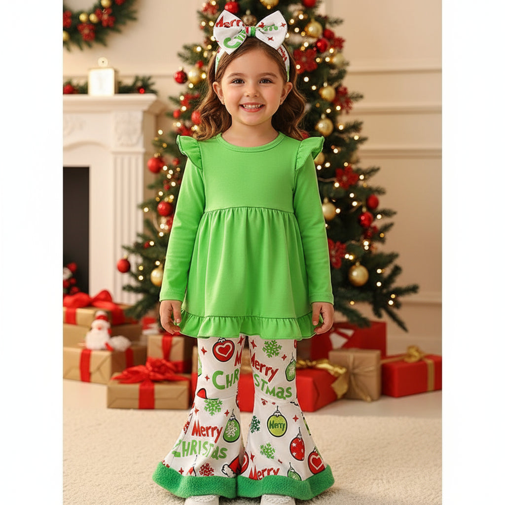 Toddler Baby Girls Christmas Clothes Ruffle Long Sleeve Heart Print Tops Dress Ball Print Flared Pants With Headband Outfits Set