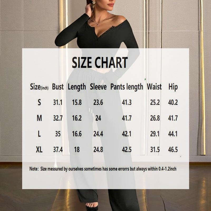 Women's Solid Color Fall&Winter Pants Set - Sexy V-Neck Button-Up Fitted Long Sleeve T-Shirt & High-Waist Flared Wide-Leg Stretchy Pants