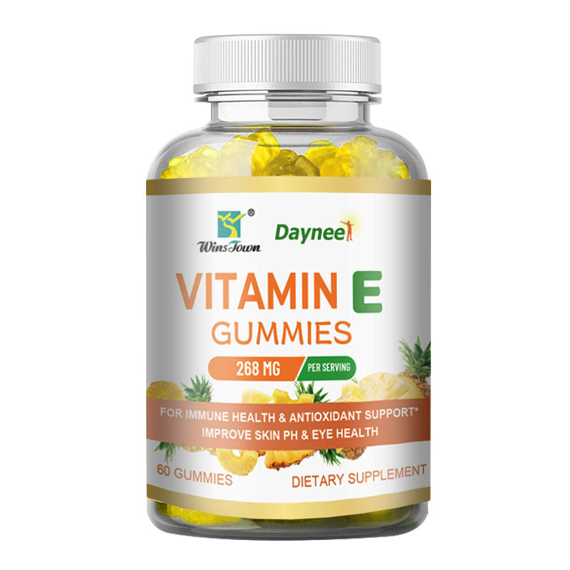 Vitamin E gummies bottle with clear window and yellow gummy pieces inside