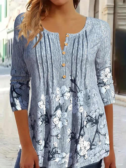 Casual Print Spike Button Crew Neck Long Sleeve T-shirt