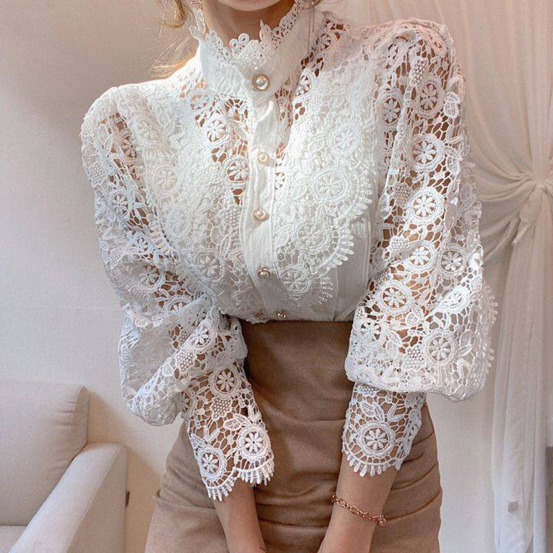 White lace blouse with pearl buttons and stand collar, puff sleeves, scalloped lace cuffs