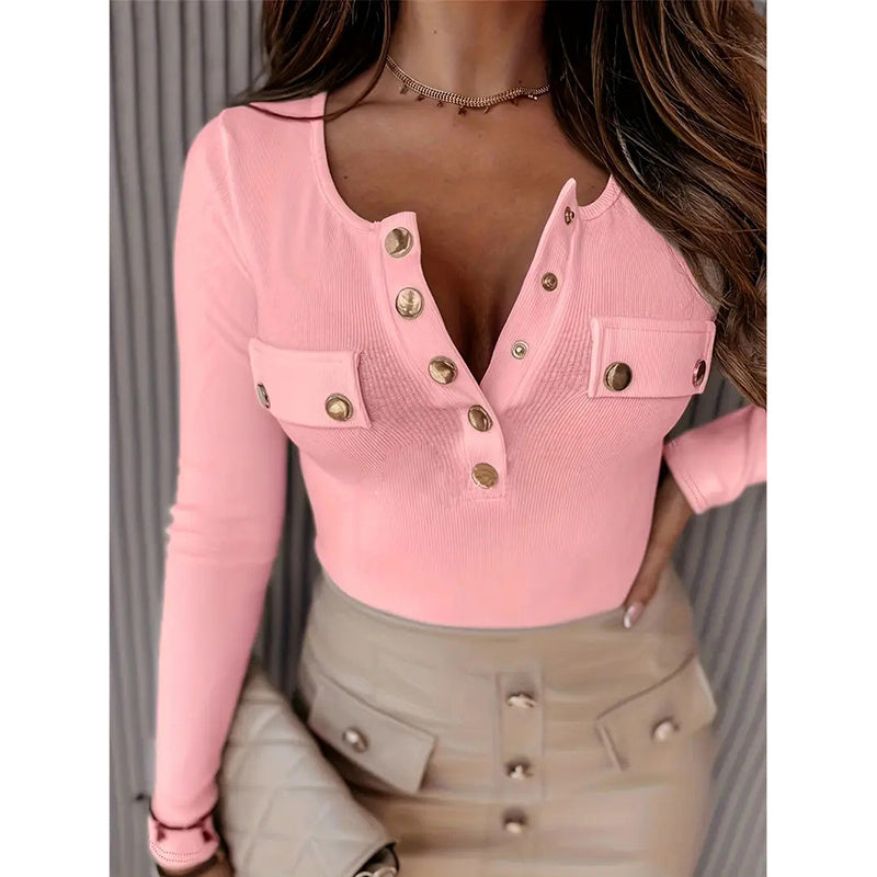 Women's Long Sleeves Ribbed Knit Tunic Shirts Scoop Neck Button-Up Tops Slim Fit Blouses