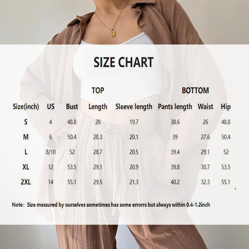 Women's Solid Color Lapel Collar Long Sleeve Shirt & High-Waist Pants Set - Casual Loose Fit