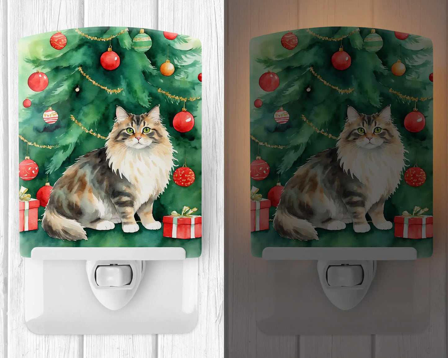 Cymric Cat By the Christmas Tree Ceramic Night Light