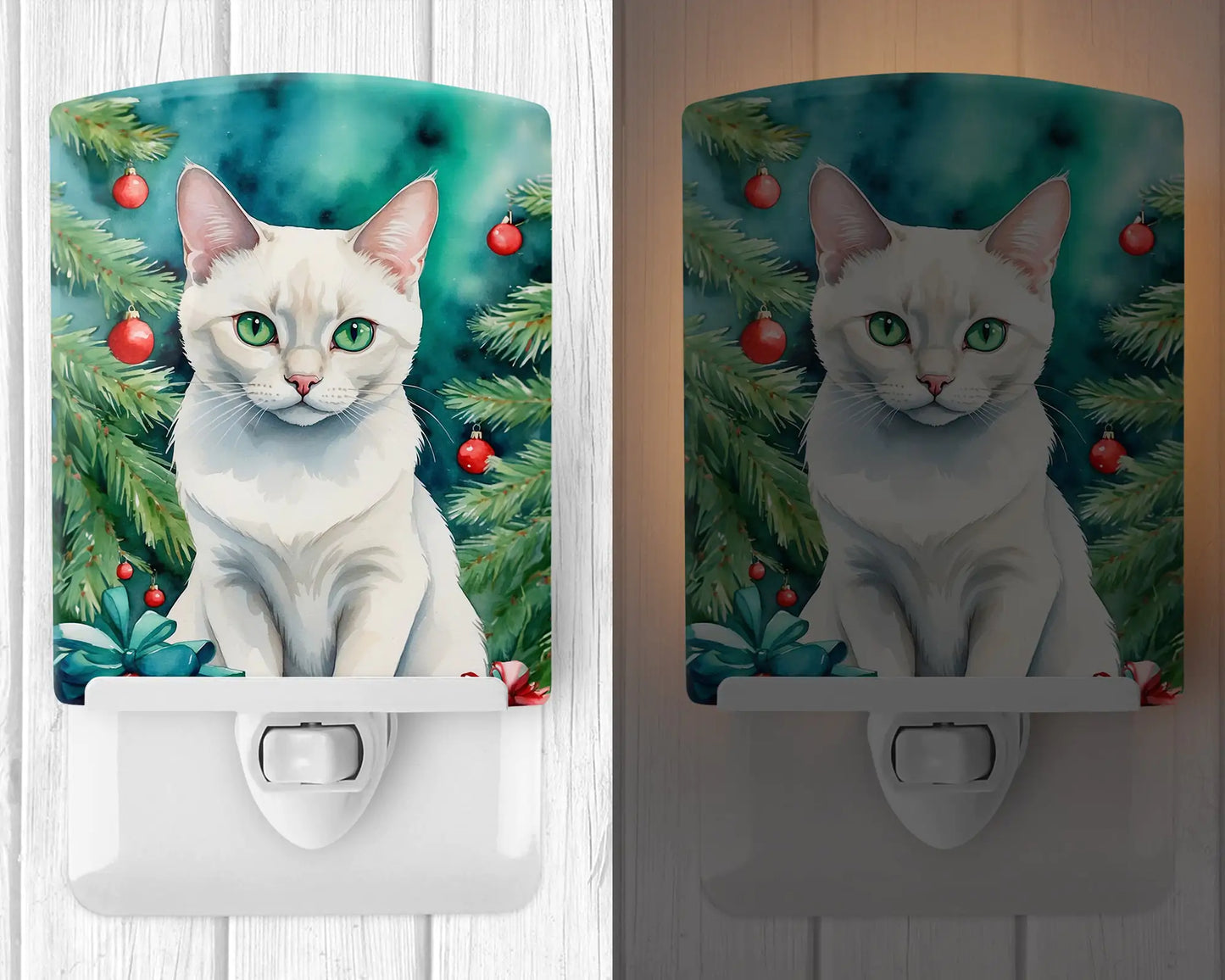 Foreign White Cat By the Christmas Tree Ceramic Night Light