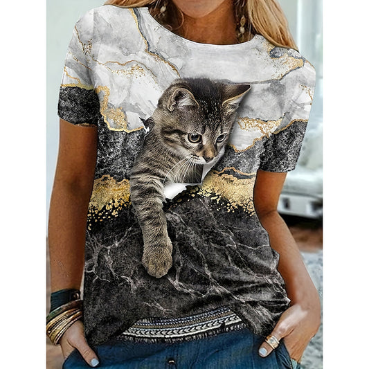 Women's Marble Cat Graphic Print Round Neck Short Sleeve Tee Shirts Tops