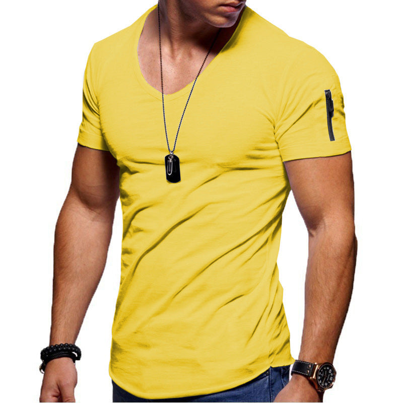 Men's yellow V-neck short-sleeve cotton T-shirt