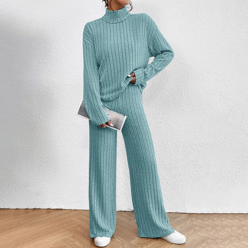 Women's Solid Color 2-Piece Set High Neck Long Sleeve Top & Pants, Striped Loungewear