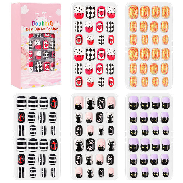 Cartoon candy kids nail sticker set, heart and checker patterns plus orange glitter
