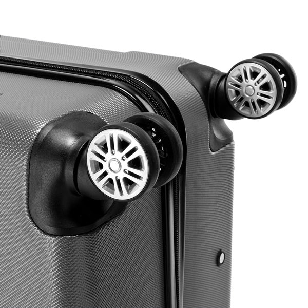 Dark gray ABS trolley case close-up of two multi-direction spinner wheels